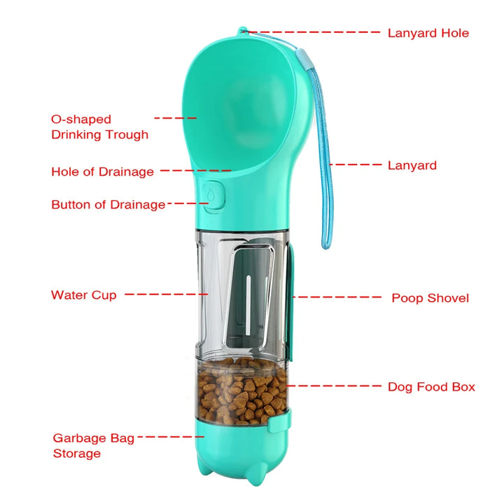 Pet drinking bottle 3 in 1 water snack bag for feces