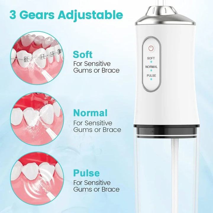 Portable Water Dental Flosser  3 Modes 4 Replaceable Jets Tips Teeth Cleaner for Brace Bridges Care 220ml Detachable Water Tank