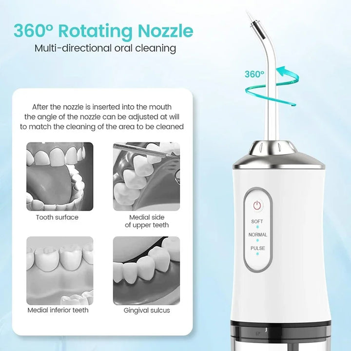 Portable Water Dental Flosser  3 Modes 4 Replaceable Jets Tips Teeth Cleaner for Brace Bridges Care 220ml Detachable Water Tank