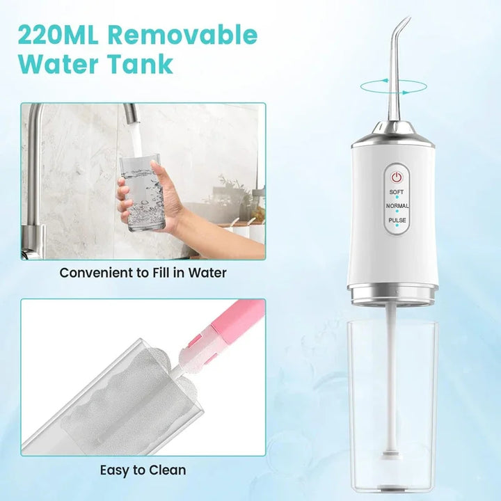 Portable Water Dental Flosser  3 Modes 4 Replaceable Jets Tips Teeth Cleaner for Brace Bridges Care 220ml Detachable Water Tank